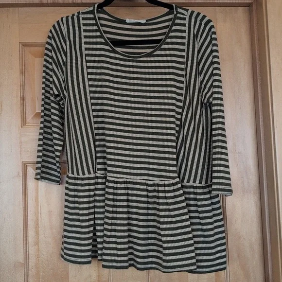 Entro green & tan striped top, peplum - Picture 1 of 4